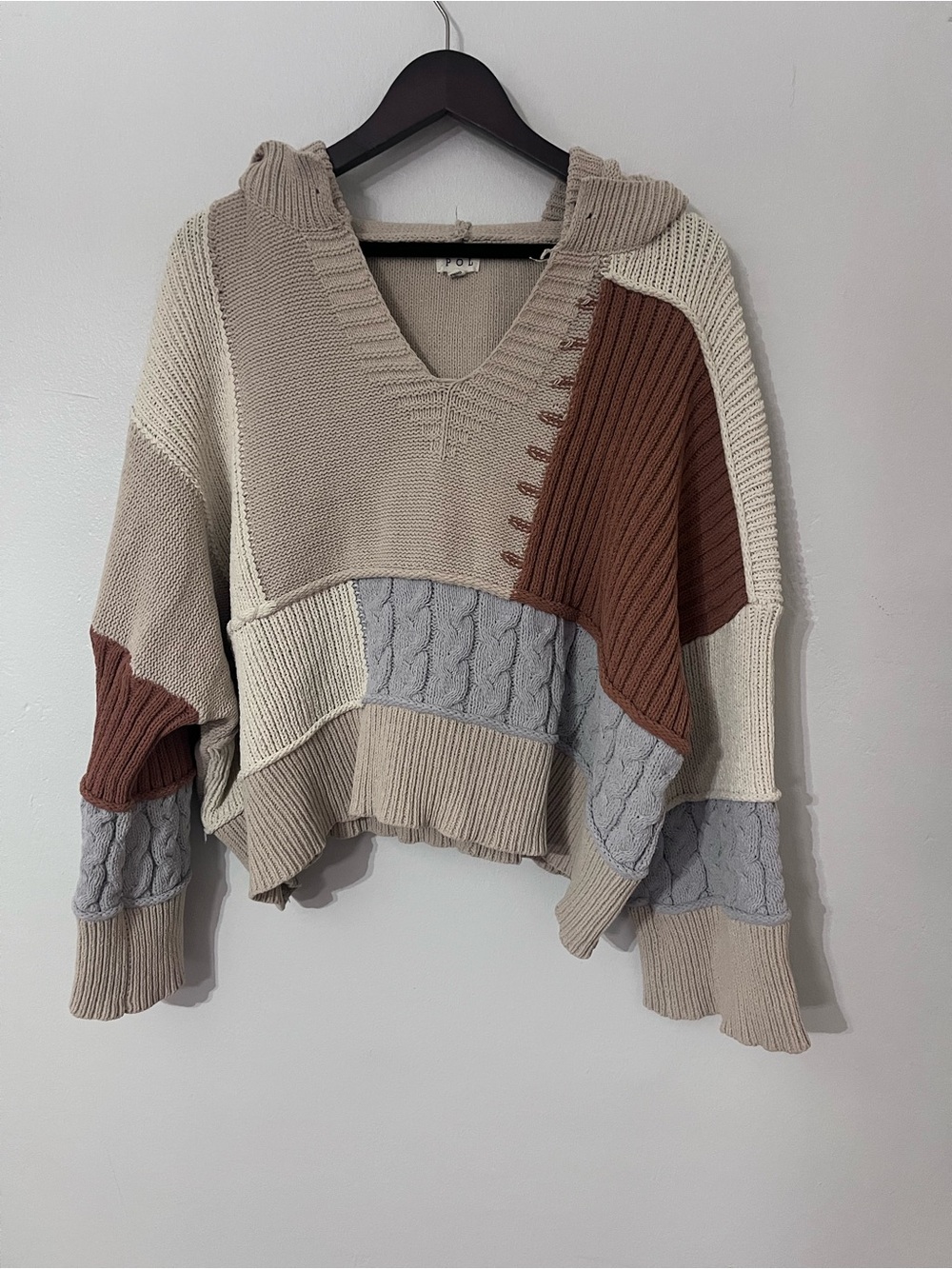 POL Patchwork Colorblock Oversized Hooded Knit Sweater L - Picture 2 of 9